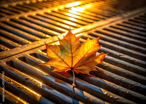 Stunning Ceiling Vent Cover Photography:  Close-up Action Shot of a Falling Leaf Striking a Metallic Vent Cover, Dramatic Lighting, Deep Shadows,  High-Resolution, Architectural Detail