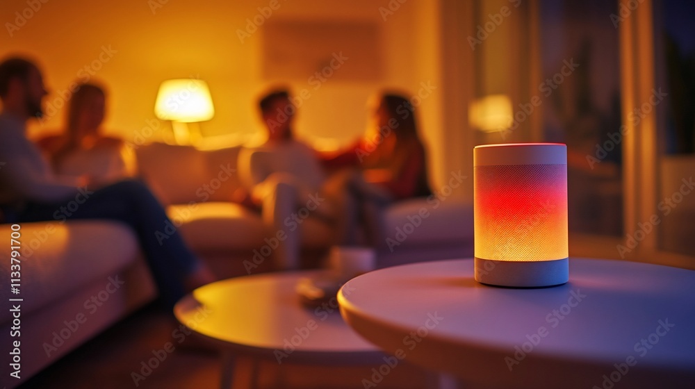 A cozy evening gathering with warm lighting and a smart speaker. A cozy evening gathering with warm lighting and a smart speaker.