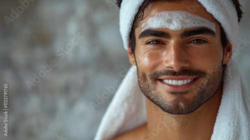 A smiling man with a towel and facial treatment, exuding relaxation and wellness.