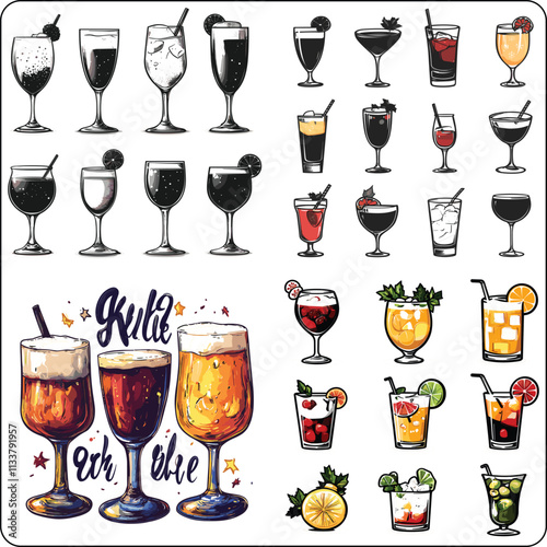 set of drinks,Moscow mule, bloody mary, pina colada, mojito, margarita, daiquiri, Mimosa, long island iced tea, Bellini, margarita, Cocktails of alcohol set. Vector illustration