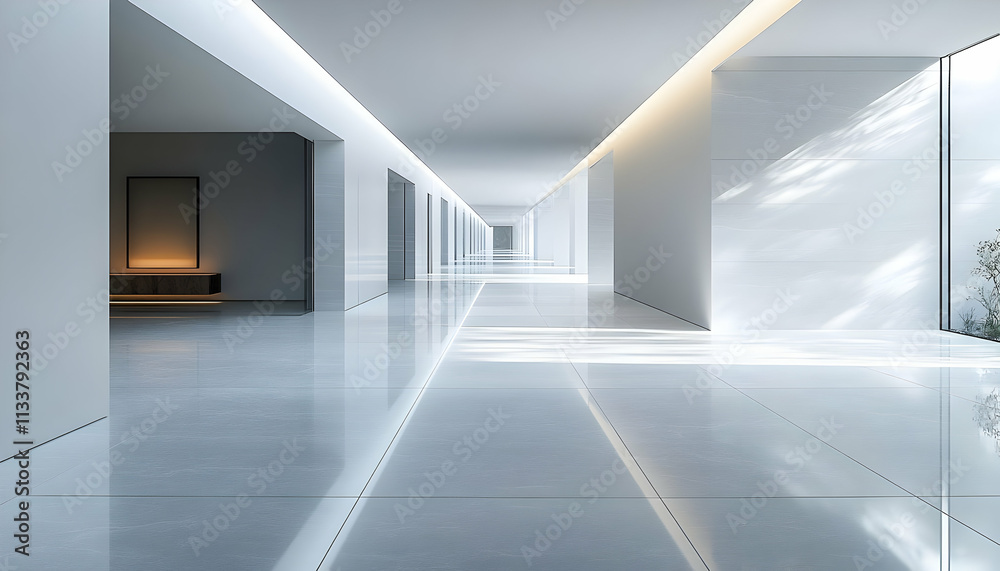 A sleek, modern hallway with polished surfaces and minimalistic design. A sleek, modern hallway with polished surfaces and minimalistic design.