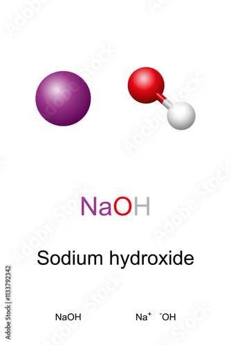 Sodium hydroxide, also known as lye and caustic soda, NaOH, molecule model and chemical formula. Inorganic compound, highly corrosive base and alkali consisting of sodium cations and hydroxide anions.