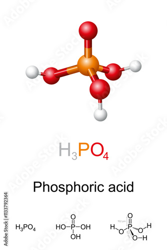Phosphoric acid, H3PO4, molecule model, chemical formula and structure. Ball-and-stick model of orthophosphoric acid, an inorganic compound, major industrial chemical, and a component of fertilizers.
