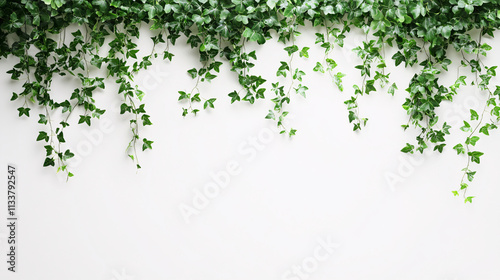 white background with green greenery hanging down and covering the top of the image