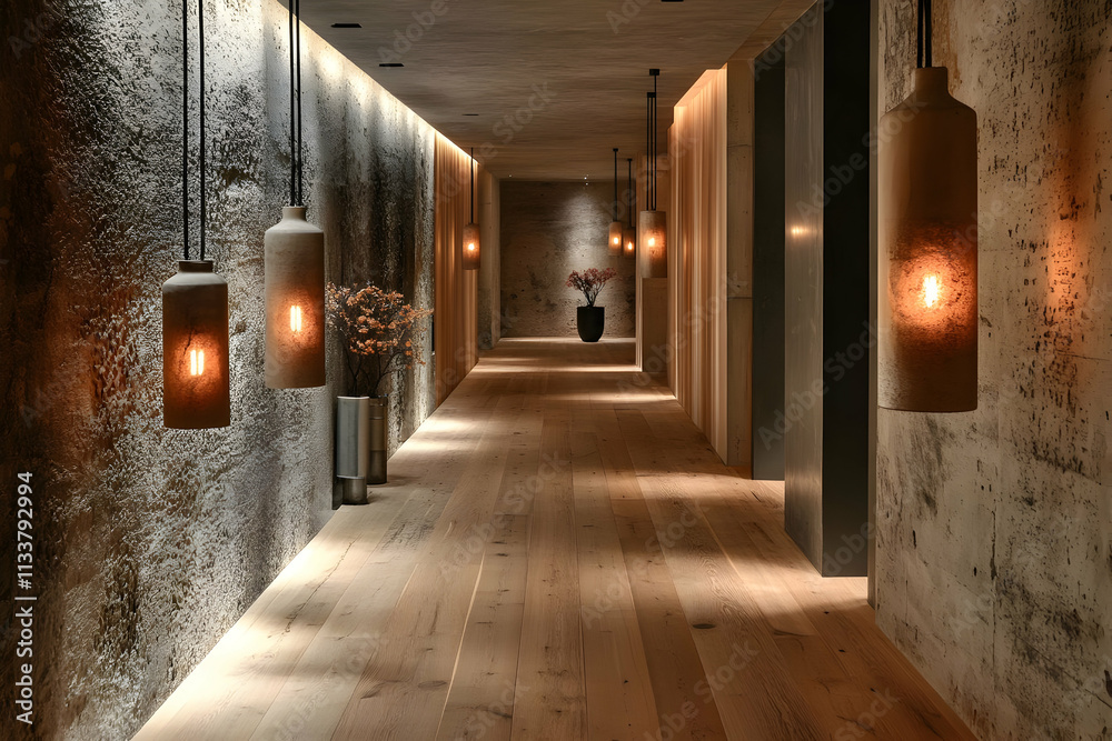 Fototapeta premium A modern hallway with warm lighting and decorative elements.