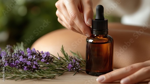 A hand holding a dropper over an amber bottle beside lavender flowers.