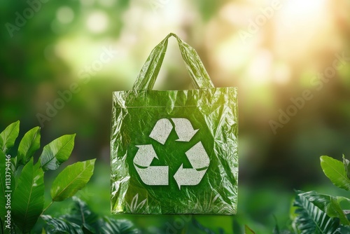 Eco-Friendly Green Shopping Bag with Recycle Symbol Surrounded by Lush Greenery, Promoting Sustainability and Environmental Awareness in Nature photo