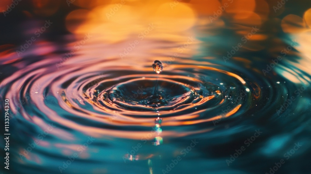 Water Drop Impacting Calm Water Surface Creating Ripples