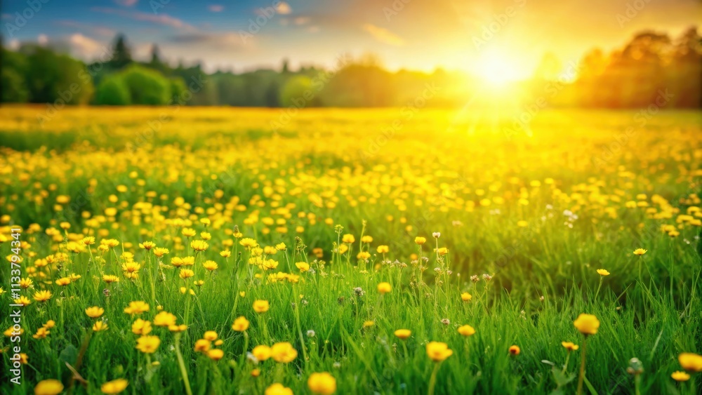 Fototapeta premium Lush green grass field with vibrant yellow flowers blooming, meadow, nature, sunny, vibrant, colorful, spring, flora