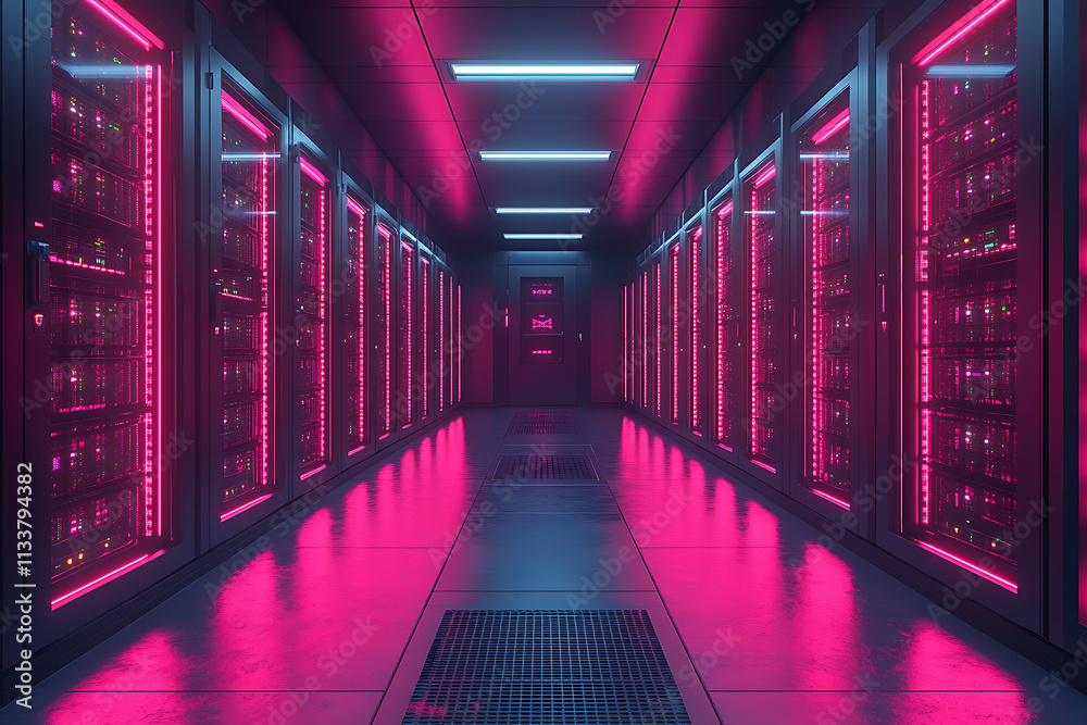 A server room filled with GPU rigs mining cryptocurrency in neon light A server room filled with GPU rigs mining cryptocurrency in neon light