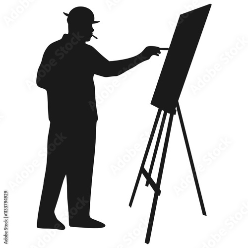 Silhouette of Artist Painting. Flat Vector Illustration