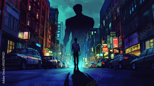 A lone teenager walking down an empty city street at night their looming shadow cast larger than themselves symbolizing the emotional weight and inner turmoil they are carrying. Looming. Illustration