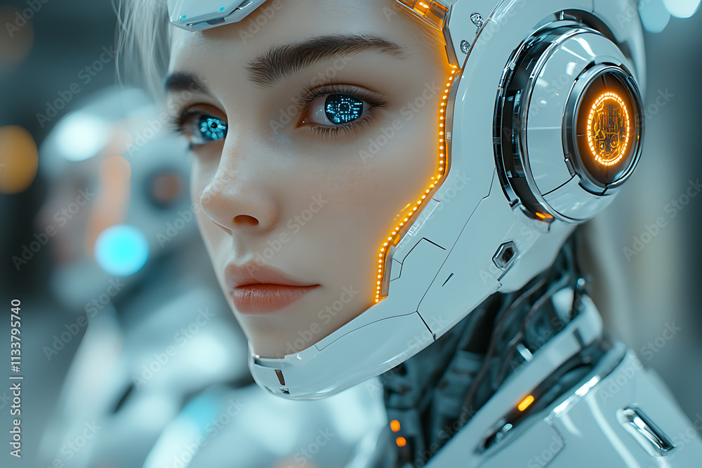 Robots using AI for facial recognition in a modern tech lab