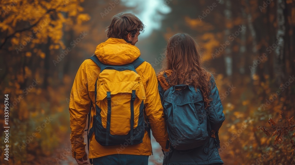 Fototapeta premium A couple walks hand-in-hand through a serene autumn forest, surrounded by vibrant foliage.