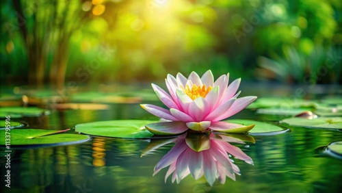 Water lily floating on serene pond with vibrant green lily pads , tranquility, beauty, nature, floral, aquatic
