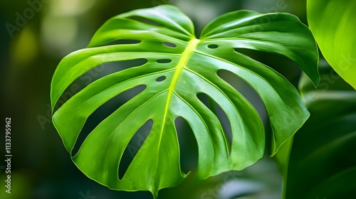 Close Up of a Monstera Adansonii Leaf with Soft Natural Blur Background