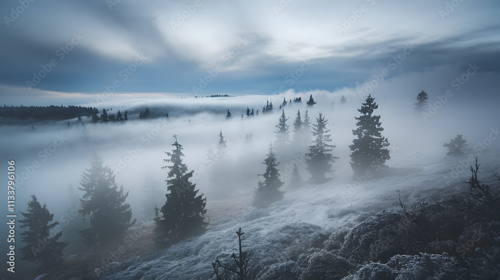 Fototapeta premium Misty forest landscape with evergreen trees and foggy atmosphere.