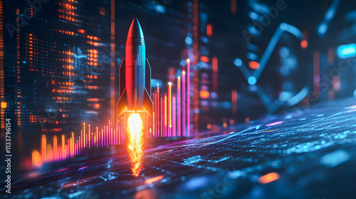 Futuristic Rocket Launching with Vibrant Data Visualization and Digital Elements in Background for Innovation and Technology Concepts