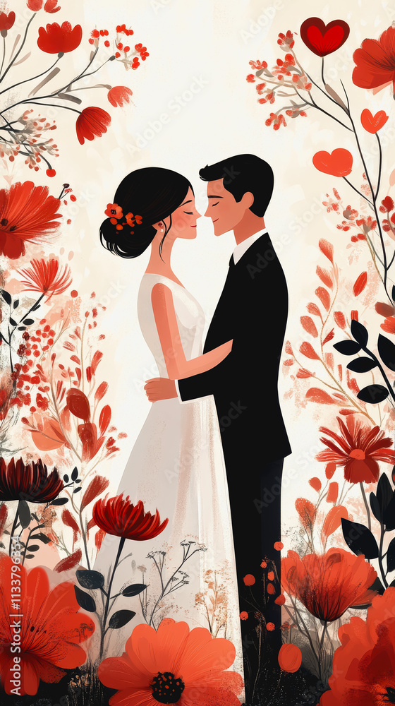 Fototapeta premium Romantic Couple Embracing in Colorful Flower Field, Capturing a Blissful Moment of Love and Connection Amidst Nature's Beauty, Bathed in Warm Sunlight and Surrounded by Blooms