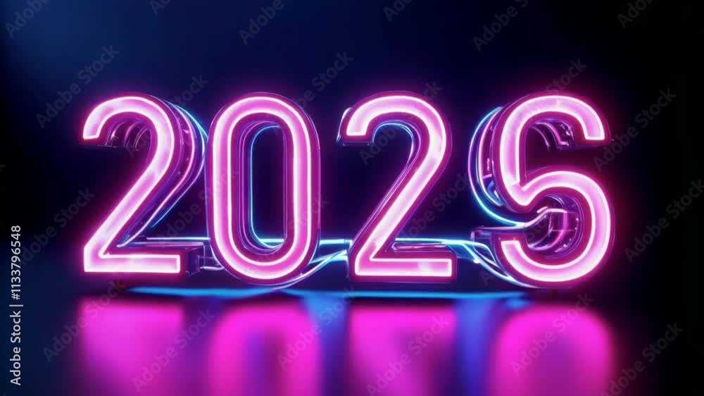 Neon-lit numbers 2025, in vibrant colors, reflected on a dark surface Neon-lit numbers 2025, in vibrant colors, reflected on a dark surface
