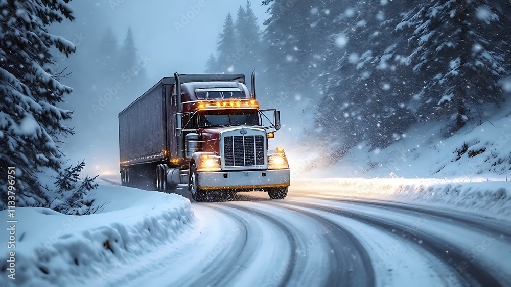 A heavy-duty truck drives cautiously on a snow-covered road in harsh winter weather, with visibility reduced due to heavy snowfall.