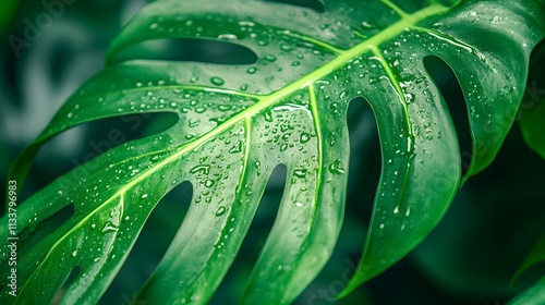 Close Up of Monstera Karstenianum Leaf with Dew Drops and Soft Natural Blur Background