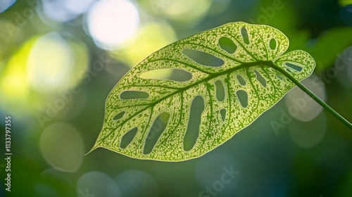 Close Up of Monstera Obliqua Leaf with Soft Natural Blur Background