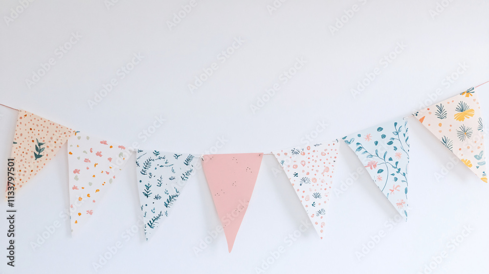Obraz premium pastel pink and blue floral triangle bunting party banner decoration on white wall