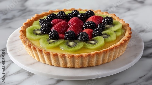 A colorful fruit tart topped with kiwi, berries, and a glossy glaze on a marble surface.