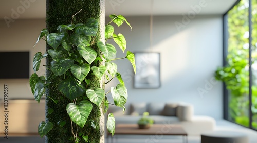 Monstera Dubia in a Pot in a Living Room with Soft Natural Blur Background