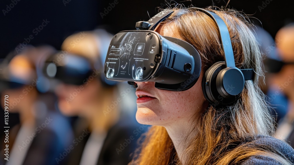 Startup ceo demonstrates virtual standards using vr goggles at tech conference immersive experience in a digital environment showcasing innovation Startup ceo demonstrates virtual standards using vr goggles at tech conference immersive experience in a digital environment showcasing innovation