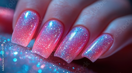 Close-up of manicured nails with a gradient and glitter effect. photo