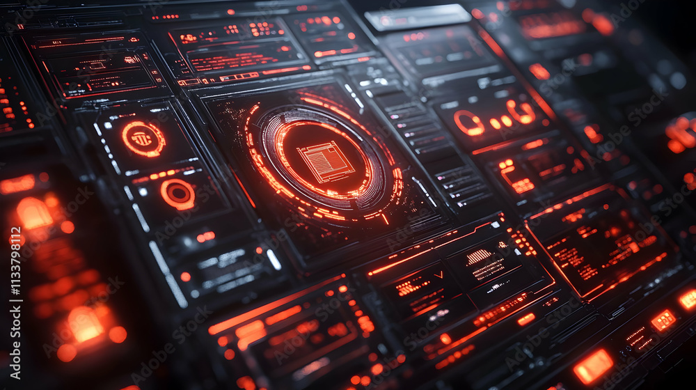 Obraz premium Futuristic interface displaying data and metrics in a high-tech, glowing design.