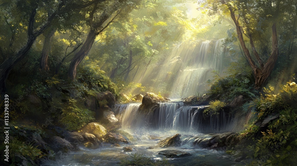 Lush forest scene with sun rays and tiered waterfalls in the light.
