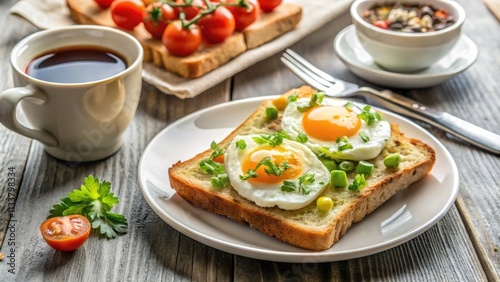 Delicious breakfast spread with eggs on toast and coffee, breakfast, food, eggs, toast, coffee, morning, delicious, hearty