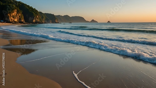 Serene Sunrise Beachscape Ocean Waves Sandy Shore Cliffs