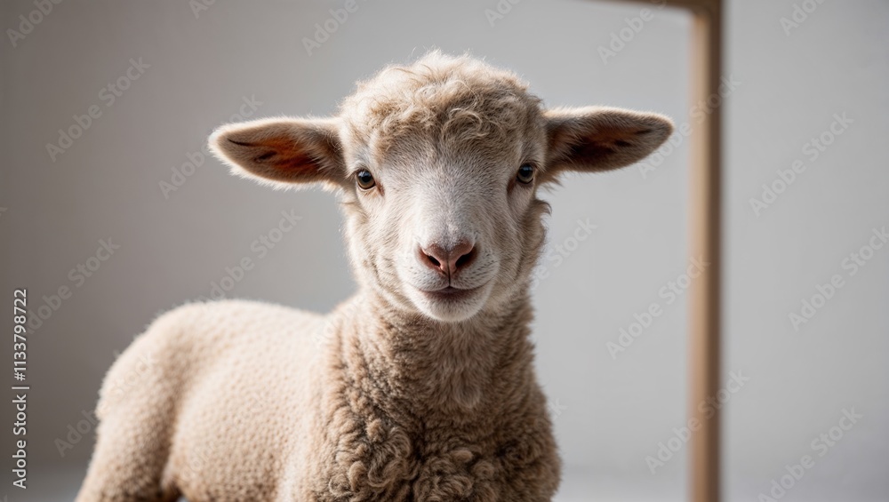 Obraz premium Adorable young lamb looking at the camera with a friendly expression on a neutral background