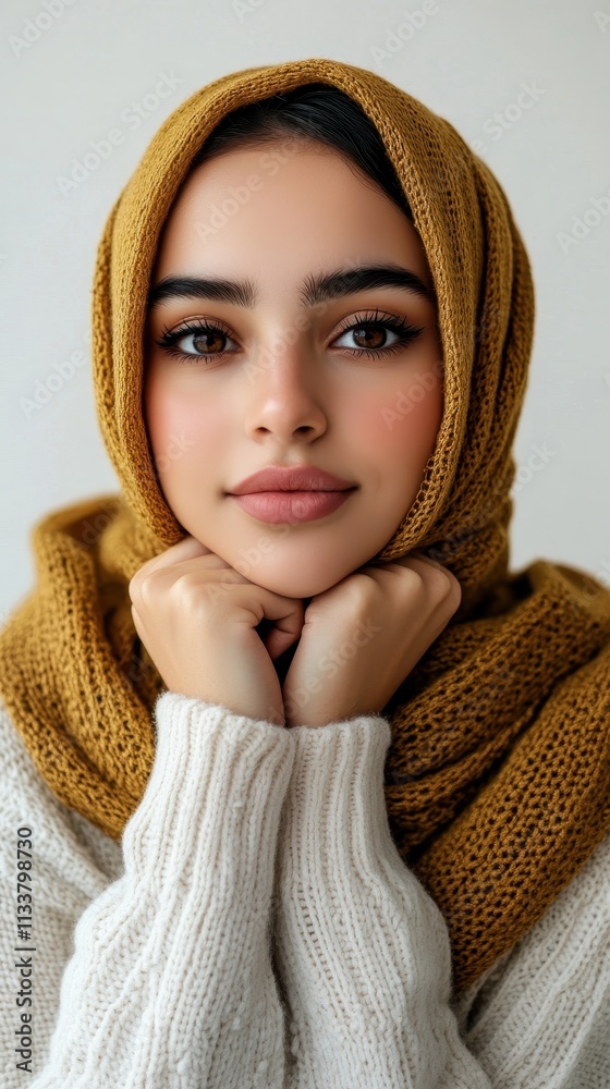 Portrait of a Young Woman in a Mustard Yellow Knitted Scarf, A Serene and Elegant Winter Fashion Image Portrait of a Young Woman in a Mustard Yellow Knitted Scarf, A Serene and Elegant Winter Fashion Image