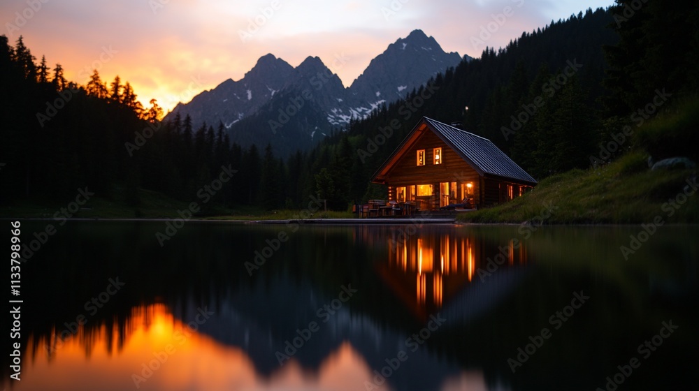 Cabin lights reflect in lake, mountains at sunset. Cabin lights reflect in lake, mountains at sunset.