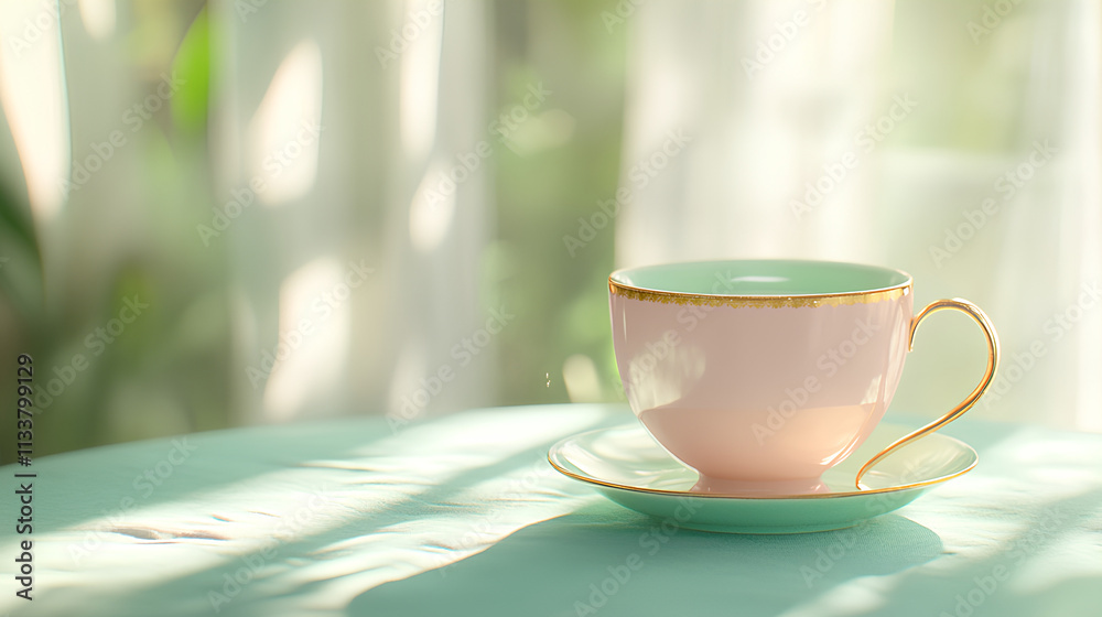 Pastel Pink and White Teacup with Gold Detail on Mint Tablecloth
Pastel Pink and White Teacup with Gold Detail on Mint Tablecloth