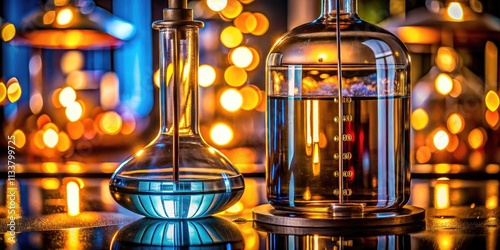 Hydrometer measures spirits' strength in a glass carboy under the cover of night; distillation in progress.