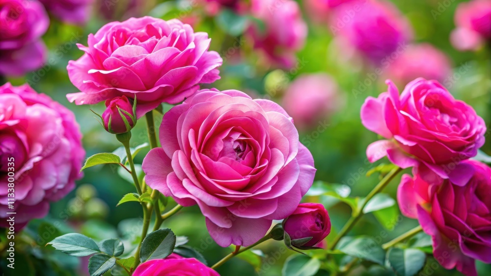 Close-up of vibrant pink roses blooming with green foliage in the background, roses, blooming, close-up, vibrant, pink, flowers Close-up of vibrant pink roses blooming with green foliage in the background, roses, blooming, close-up, vibrant, pink, flowers