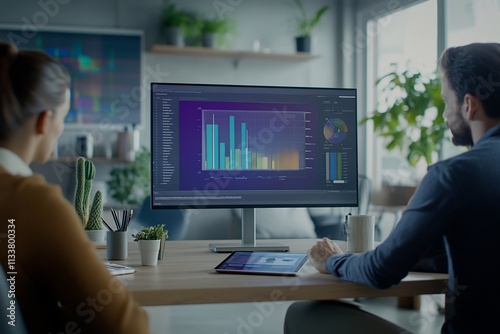 Colleagues reviewing data analytics on a large monitor.