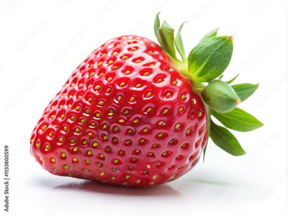 Crisp PNG image: a single, deeply saturated red strawberry, isolated on a white background. Crisp PNG image: a single, deeply saturated red strawberry, isolated on a white background.