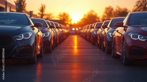 Sunset Over a Row of Modern Luxury Cars