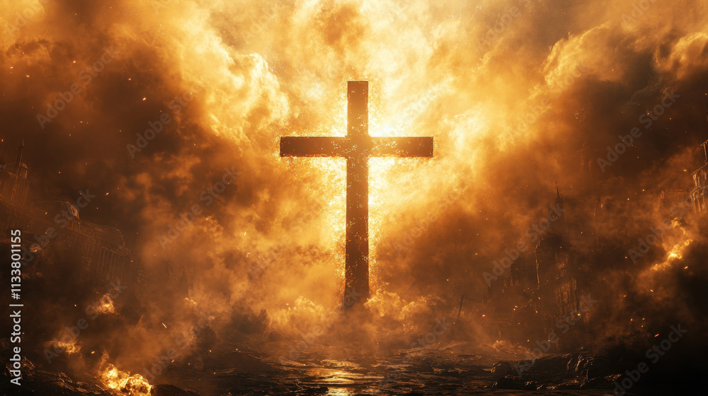 striking cross silhouette emerges from fiery, smoky background, symbolizing hope amidst chaos. dramatic lighting enhances spiritual atmosphere striking cross silhouette emerges from fiery, smoky background, symbolizing hope amidst chaos. dramatic lighting enhances spiritual atmosphere