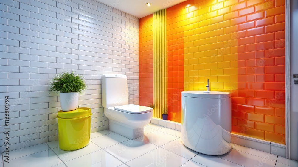 Sleek white toilet trash can complements the modern, tiled bathroom's minimalist aesthetic and white tile design. Sleek white toilet trash can complements the modern, tiled bathroom's minimalist aesthetic and white tile design.