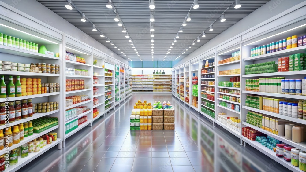 Crisp white shelves stock a realistic grocery aisle in this 3D-rendered supermarket mockup. Crisp white shelves stock a realistic grocery aisle in this 3D-rendered supermarket mockup.