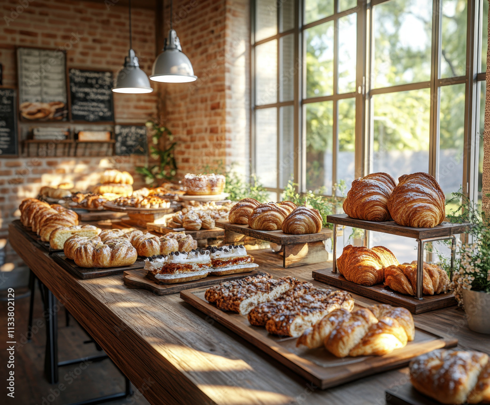 buffet table filled with artisanal bread, pastries, and croissants, showcasing variety of baked goods in warm, inviting bakery setting. natural light enhances delicious display buffet table filled with artisanal bread, pastries, and croissants, showcasing variety of baked goods in warm, inviting bakery setting. natural light enhances delicious display