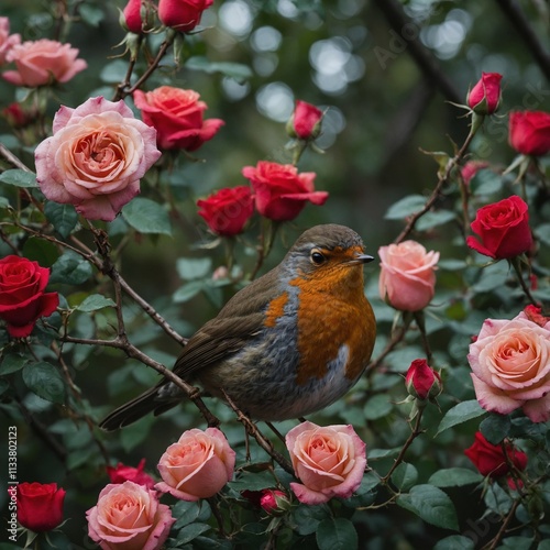 A robin sitting on a branch with red and pink roses surrounding it.